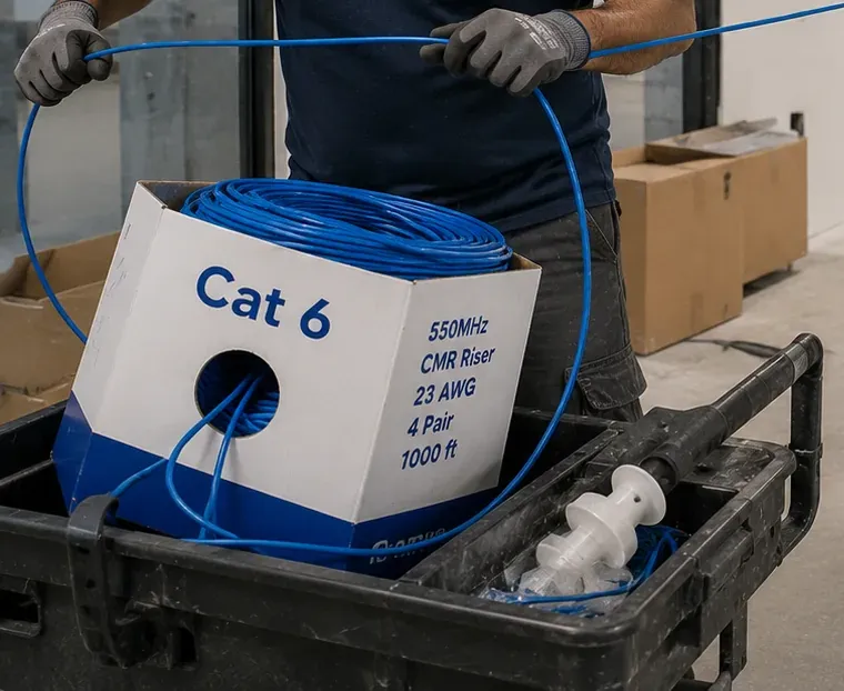 Carton of Cat6 riser cable for a replacement run — Putnam County Gloved hands paying blue cable off a carton marked Cat 6, 550MHz, CMR Riser, 23 AWG, 4 Pair, 1000 ft sitting in a black cart, replacement run material for Cat6 repair in Putnam County