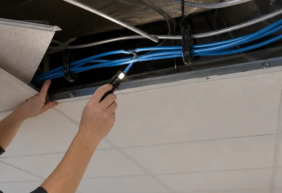 Flashlight check of a Cat6 bundle above a ceiling — Queens Hands lifting a ceiling tile and shining a flashlight on a bundle of blue Cat6 cables held in black hangers above the grid, Queens Cat6 inspection