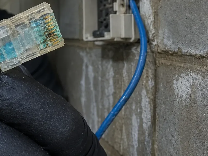 Corroded RJ45 plug beside a block-wall box — Queens Cat6 repair Corroded clear RJ45 plug with green deposits on its contacts held in a black glove in front of a wall box on a concrete block wall, Queens Cat6 repair after water