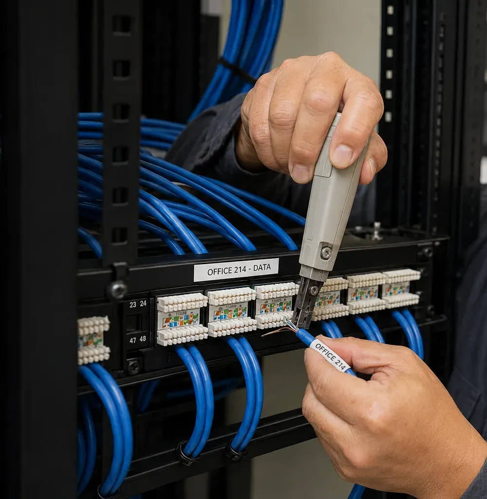 Patch panel punch-down on a labelled port — Queens Cat6 repair Punch-down tool seating a blue cable labelled Office 214 into a patch panel module under an Office 214 Data label, Queens Cat6 panel repair