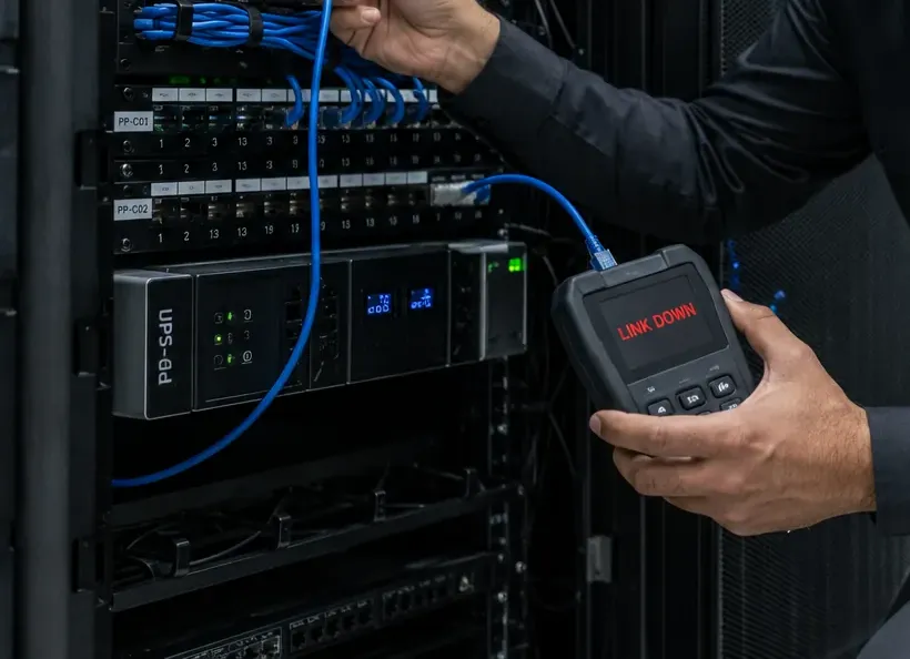 Link Down result at an equipment rack — Queens Cat6 repair Handheld tester showing Link Down while connected by a blue patch cord to a rack of numbered patch panels and a power unit, Queens business Cat6 repair