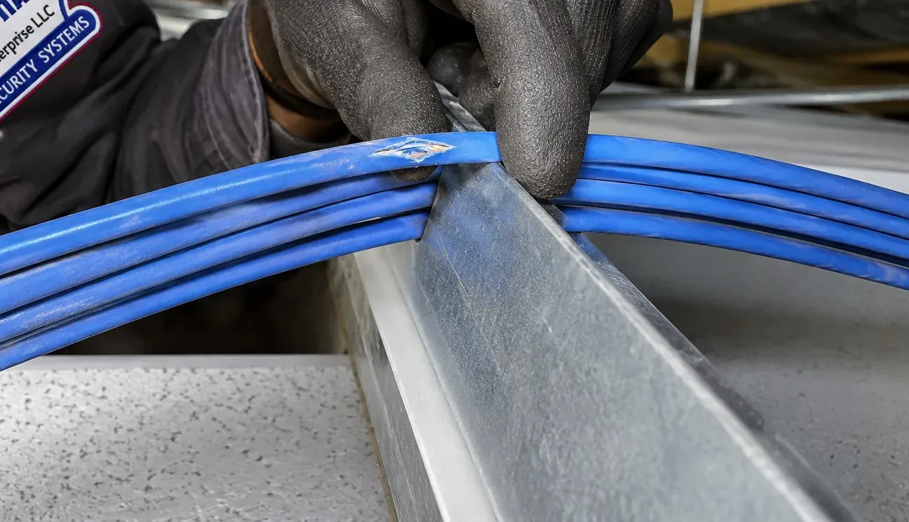 Nicked Cat6 jacket on a ceiling grid rail — Queens repair Gloved hand lifting a bundle of blue Cat6 cables off a metal ceiling grid rail where one jacket shows a nick, Queens Cat6 damage