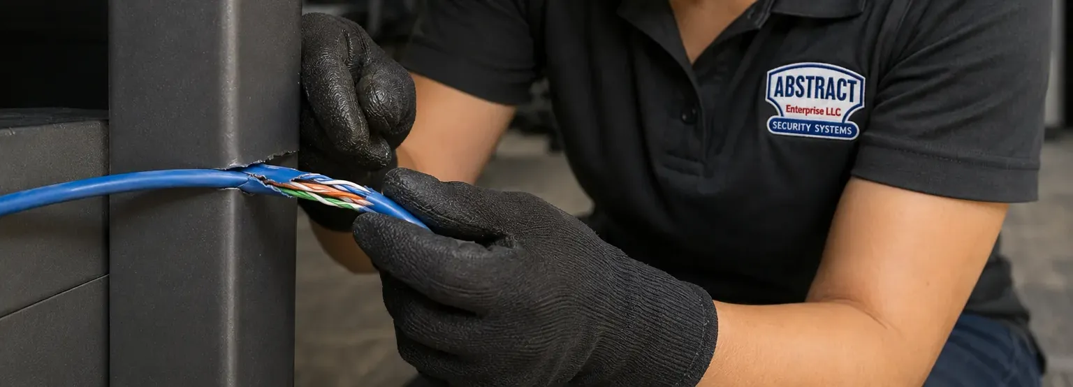 Cat6 jacket split at a steel desk leg — Queens repair Gloved hands holding a blue Cat6 cable whose jacket has split open at the edge of a steel desk leg, exposing coloured pairs, Cat6 repair Queens