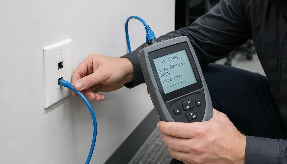Wall jack tested with an open-pair result — Cat6 repair Queens Handheld tester reading No Link and Open beside a wall plate with a blue patch cord plugged in, Cat6 repair in Queens
