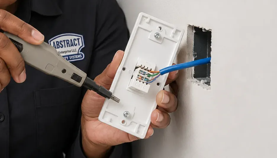 Keystone punch-down at a wall plate — Queens Cat6 repair Punch-down tool held to a Cat6 keystone in a white wall plate pulled from an open wall box, Queens Cat6 jack re-termination