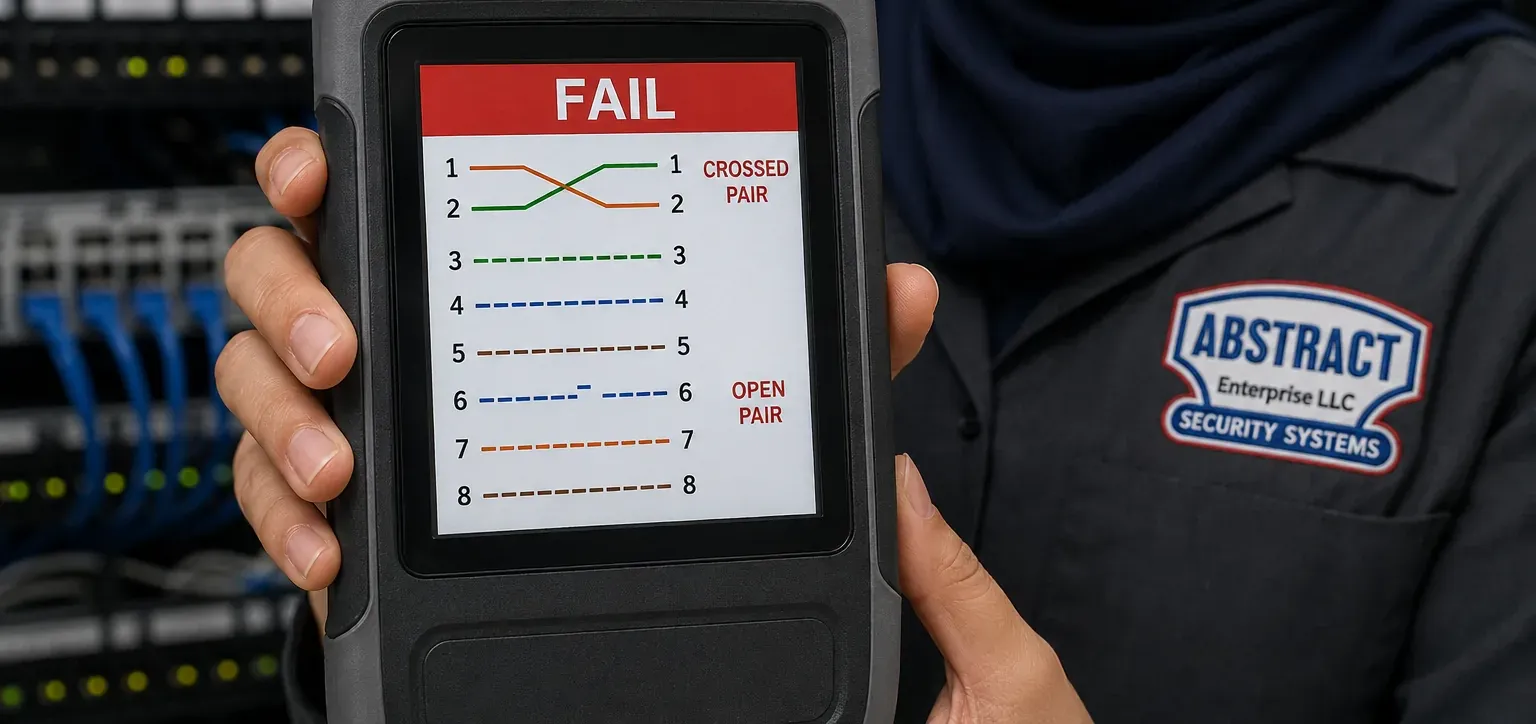 Wire map failure with crossed and open pairs — Queens Cat6 repair Cable tester screen headed Fail showing a wire map with pairs 1 and 2 crossed and pair 6 open, held at a network rack, Queens Cat6 certification