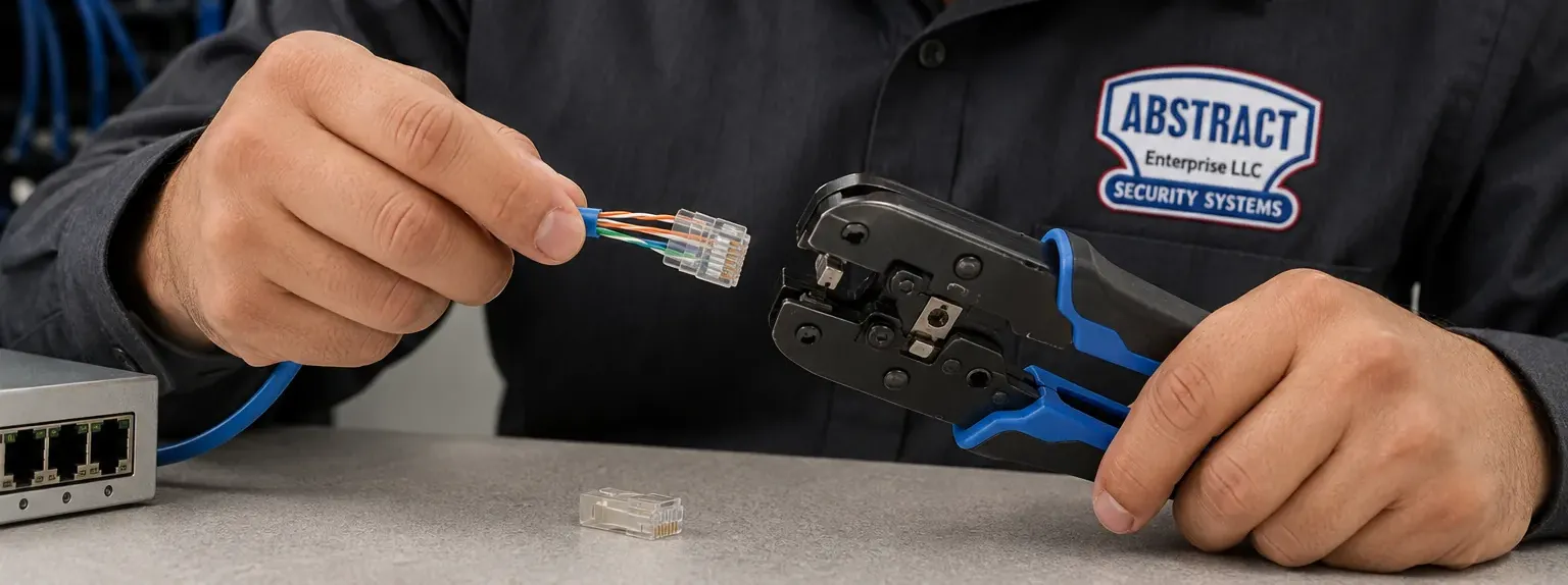 Riverdale, Bronx Cat6 plug repair: hands holding a freshly fitted RJ45 plug on a blue Cat6 cable beside a blue-and-black crimping tool, with a spare plug on the bench
