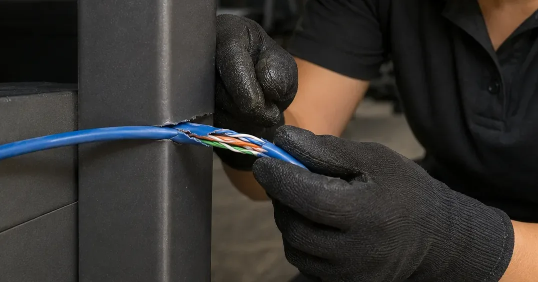 Riverdale, Bronx Cat6 damage: gloved hands holding a blue Cat6 cable whose jacket has split open against a dark steel corner, exposing the twisted pairs