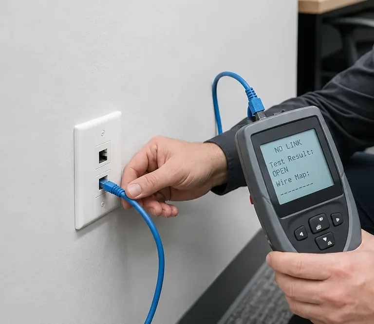 Riverdale, Bronx Cat6 jack repair: a handheld tester plugged into the lower port of a white two-port wall plate showing NO LINK and an OPEN wire-map result