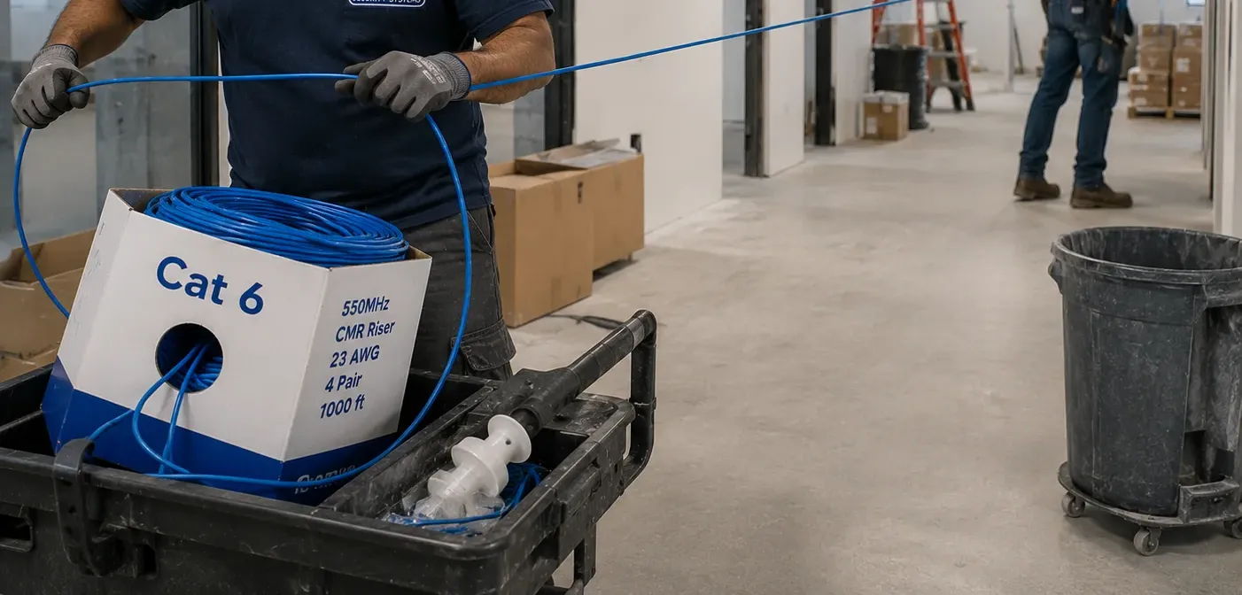 Replacement Cat6 paid off a riser carton in a corridor — Rockland County Gloved hands paying blue cable off a carton marked Cat 6, 550MHz, CMR Riser, 23 AWG, 4 Pair, 1000 ft on a cart in an unfinished corridor, Rockland County replacement run