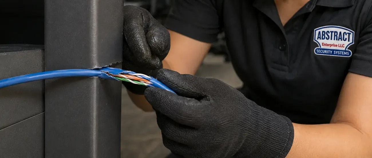 Split Cat6 jacket with exposed pairs at a desk leg — Rockland County Gloved hands separating a split blue Cat6 jacket with orange, green and white pairs exposed where it passed a metal desk leg, Rockland County cable damage repair