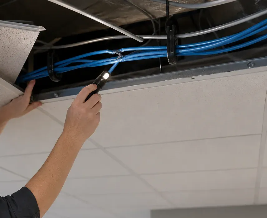Flashlight check along a ceiling cable bundle — Rockland Cat6 repair Bare hands lifting a ceiling tile and shining a small flashlight along a bundle of blue Cat6 cables in J-hooks, Rockland County Cat6 repair inspection