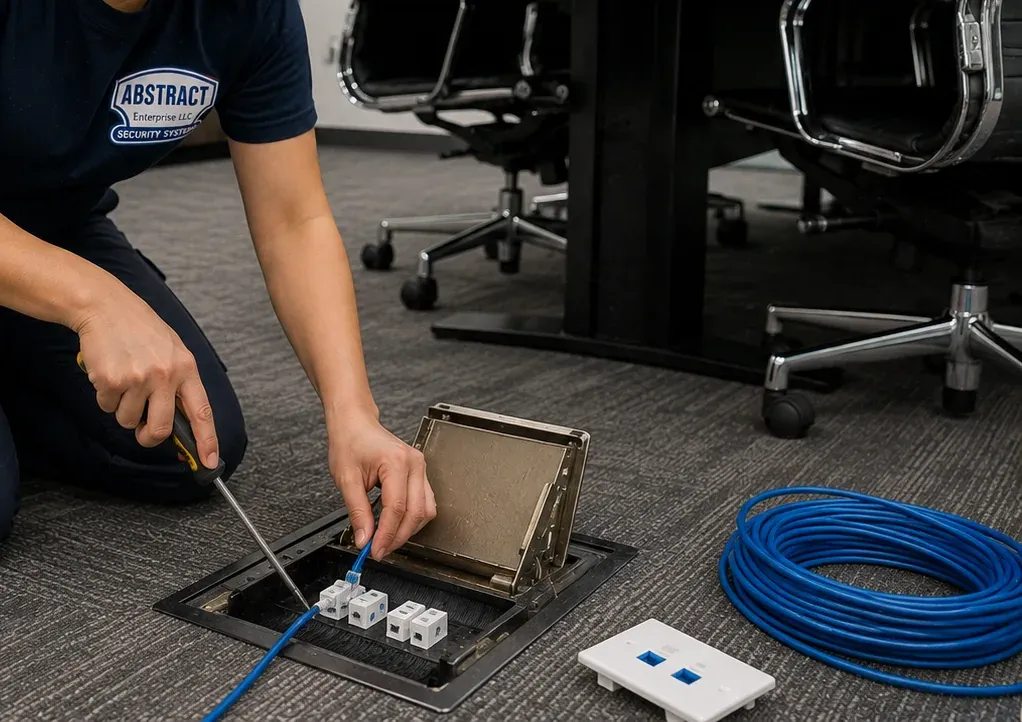 Floor-box keystones being reseated — Cat6 repair Rockland County Hands seating white Cat6 keystones in an open brass floor box with a screwdriver beside a conference table, blue cable coil and two-port plate on the carpet, Rockland County