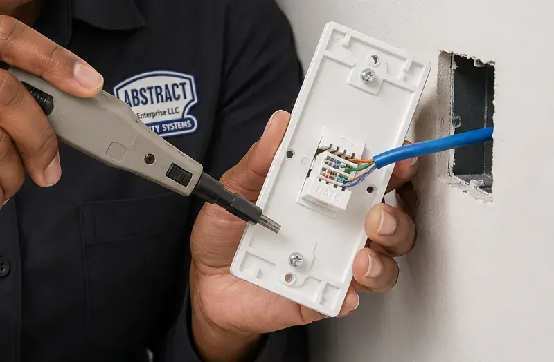 Keystone punch-down at a single-port wall plate — Cat6 repair Rockland County Hands holding a punch-down tool to the back of a Cat6 keystone mounted in a white wall plate, blue cable entering from an open wall box, Rockland County re-termination