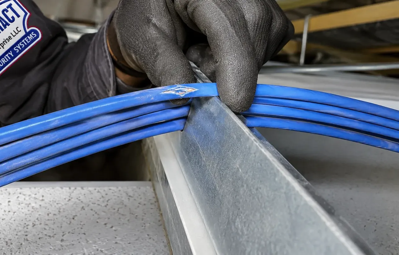 Nicked Cat6 jacket resting on a ceiling grid rail — Rockland repair Gloved hand lifting a bundle of blue Cat6 cables off a metal ceiling grid rail to show a scraped and nicked jacket, Cat6 repair in Rockland County