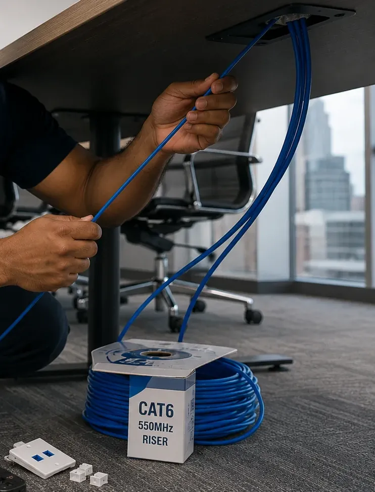 Replacement cable fed through a table grommet — Rockland County Cat6 repair Hands feeding two blue Cat6 cables up through a grommet under a conference table from a carton labelled CAT6 550MHz Riser, Rockland County replacement run