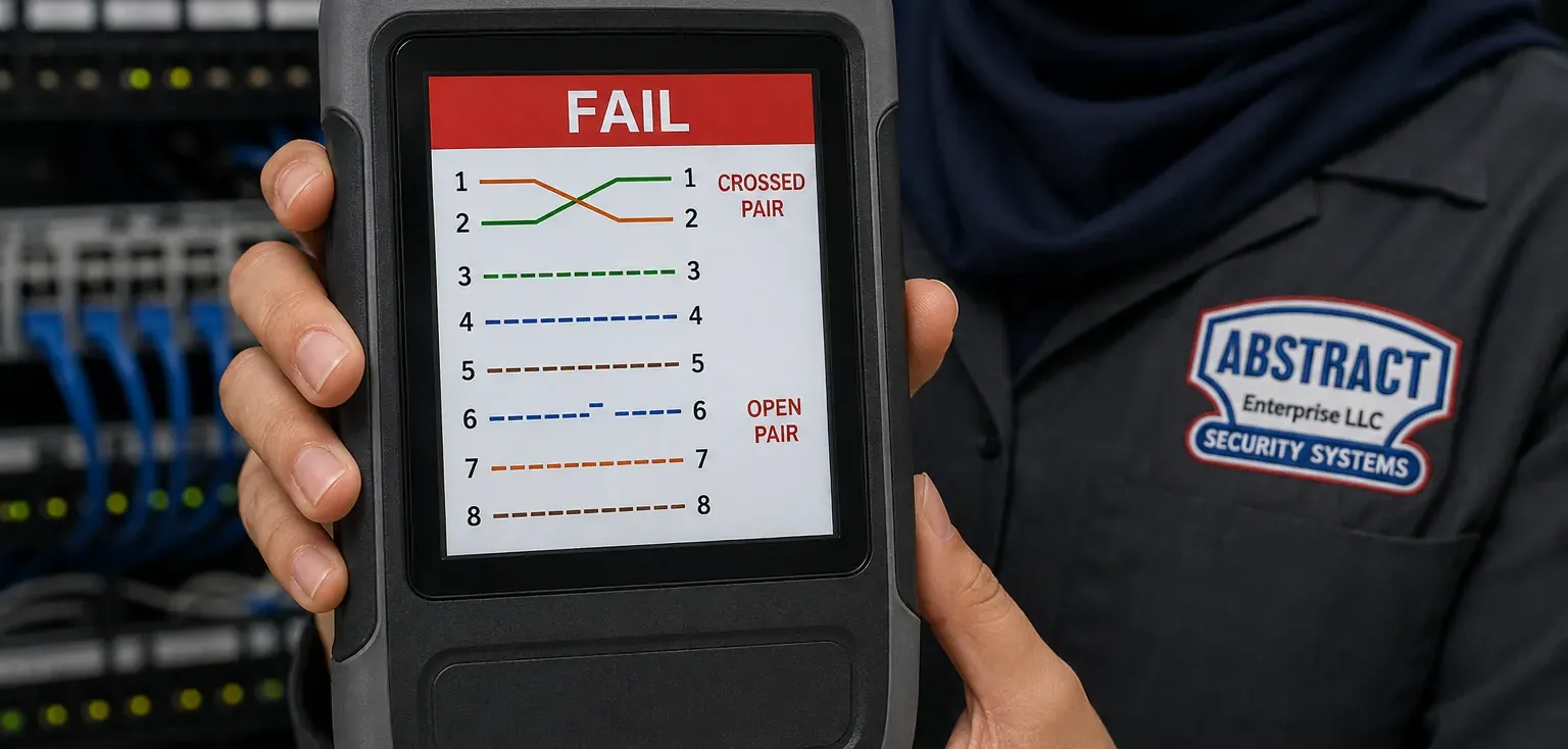 Wire-map fail with crossed and open pairs — Cat6 repair Rockland County Handheld cable tester showing a red FAIL screen with a crossed pair on pins 1 and 2 and an open pair on pin 6, Cat6 repair diagnosis in Rockland County