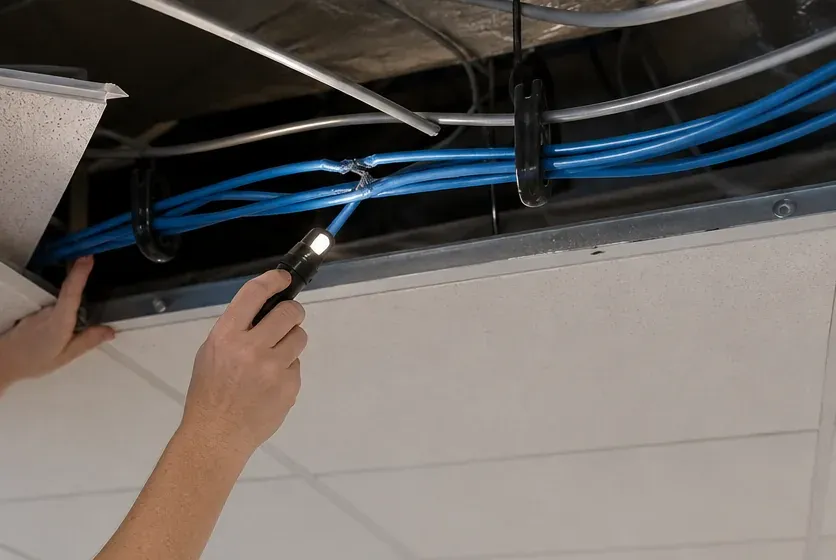 Checking a cable bundle above a lifted ceiling tile — St. George Cat6 repair Raised ceiling tile with a flashlight shining on a bundle of blue Cat6 cables in cable supports above the grid, St. George, Staten Island office Cat6 repair