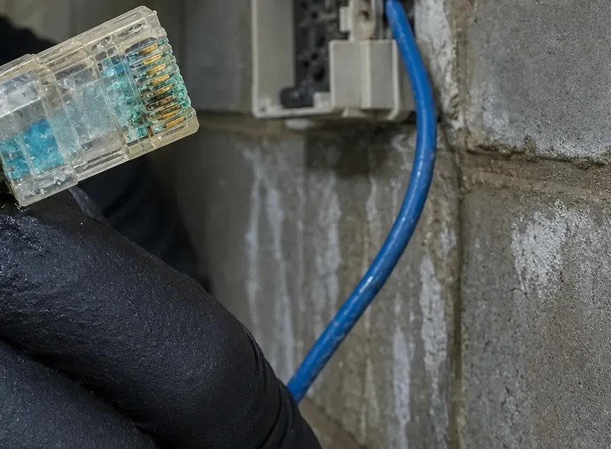 Corroded plug beside a damp-wall jack — St. George Cat6 repair Gloved hand holding a clear RJ45 plug with green corrosion on its contacts and cable sheath, next to a surface jack on a damp grey block wall, St. George, Staten Island Cat6 repair