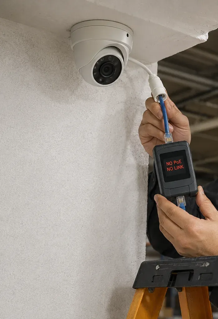 No-PoE reading at a dome camera — St. George Cat6 repair White dome camera on a textured wall with its cable plugged into a handheld tester reading NO PoE NO LINK, St. George, Staten Island PoE camera Cat6 repair