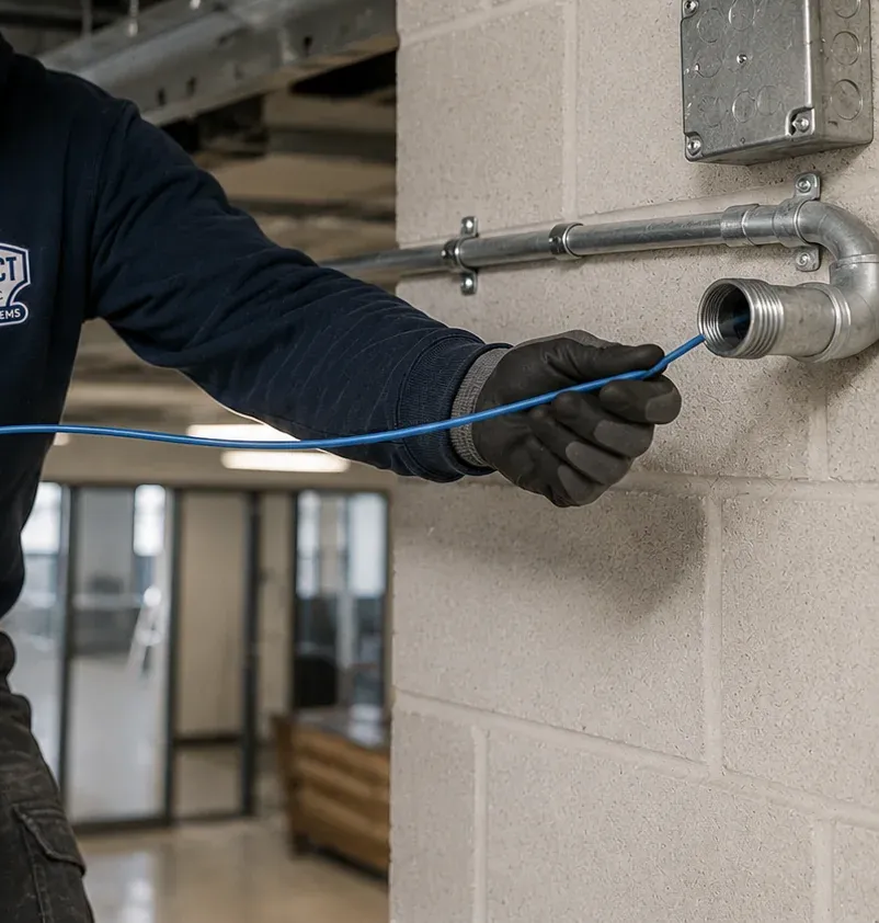 Feeding a replacement run into conduit on a block wall — St. George Cat6 repair Gloved hand feeding a blue cable into a metal conduit fitting on a painted concrete-block wall with a steel junction box above, St. George, Staten Island Cat6 replacement run