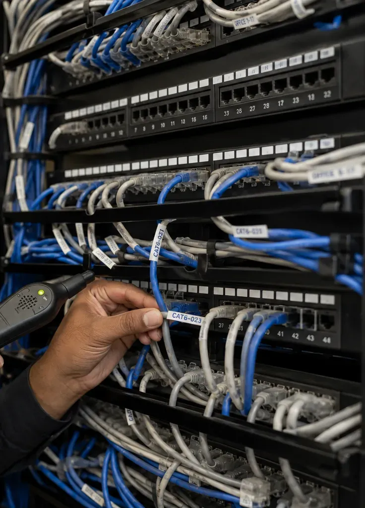 Probe tracing at a crowded patch panel — St. George Cat6 repair Hand holding an inductive tracing probe against a labelled blue patch cord in a crowded rack of patch panels with white and blue cords, St. George, Staten Island Cat6 tracing