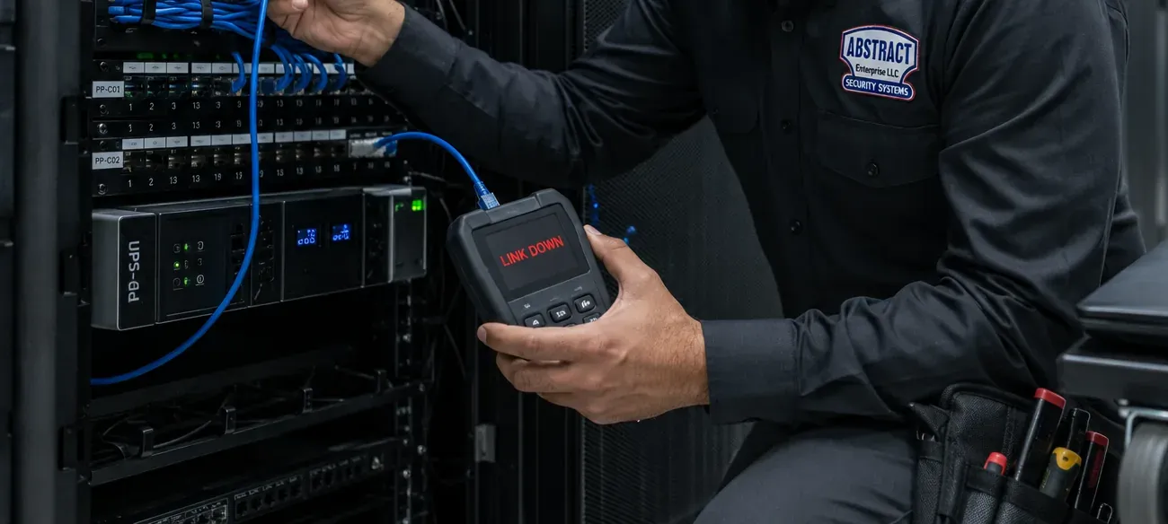 Link-down reading at the rack — St. George Cat6 repair Technician holding a handheld tester reading LINK DOWN, connected by a blue cord to a switch in a network rack with a UPS below, St. George, Staten Island Cat6 repair