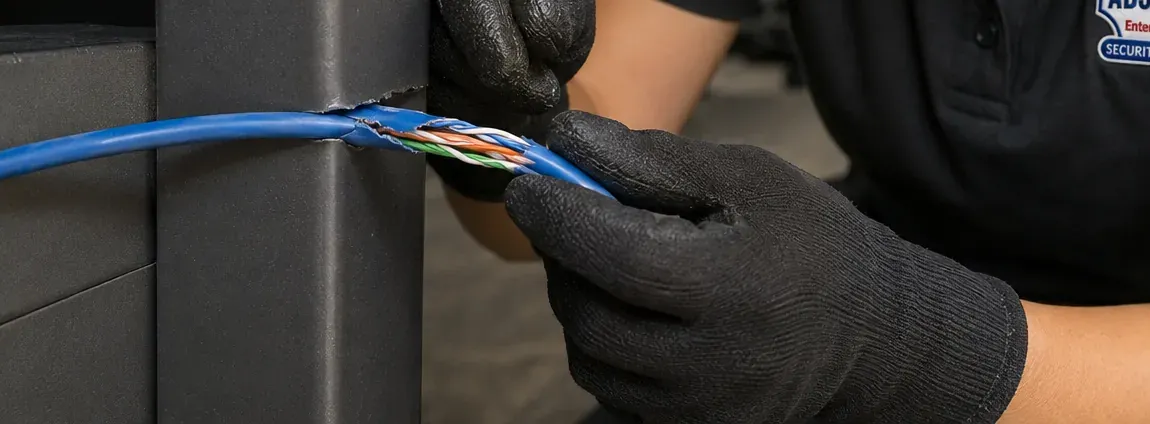 Split jacket with exposed pairs — St. George Cat6 repair Gloved hands holding a blue Cat6 cable with its jacket split open and coloured pairs exposed beside a dark metal table leg, St. George, Staten Island damaged Cat6 repair