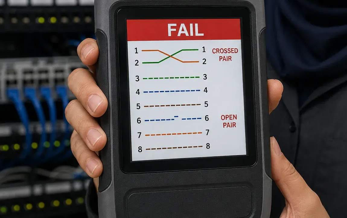 Tester showing crossed and open pairs — St. George Cat6 repair Handheld cable tester showing FAIL with a crossed pair on 1-2 and an open pair on 6, held in front of a network rack, Cat6 repair in St. George, Staten Island