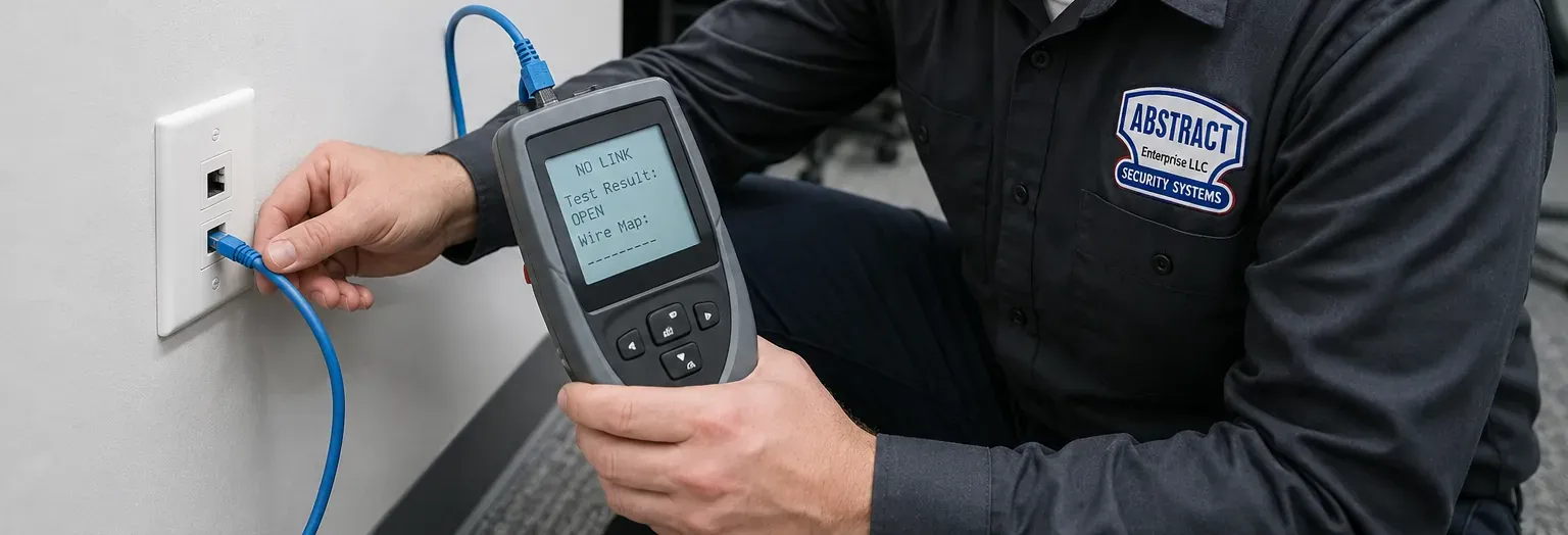 No-link result at a two-port wall jack — St. George Cat6 repair Hand plugging a blue cord into the lower port of a white two-port wall plate while a handheld tester shows a no-link result, St. George, Staten Island wall jack Cat6 repair