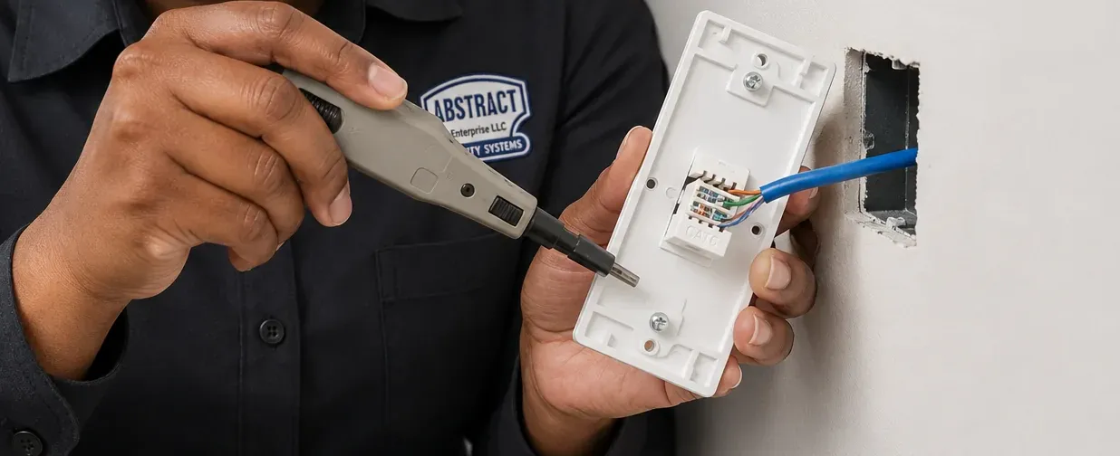Re-terminating a wall plate keystone — St. George Cat6 repair Hands using a grey punch-down tool on a keystone held in a white wall plate pulled from a wall opening, blue cable entering the back, St. George, Staten Island Cat6 jack repair