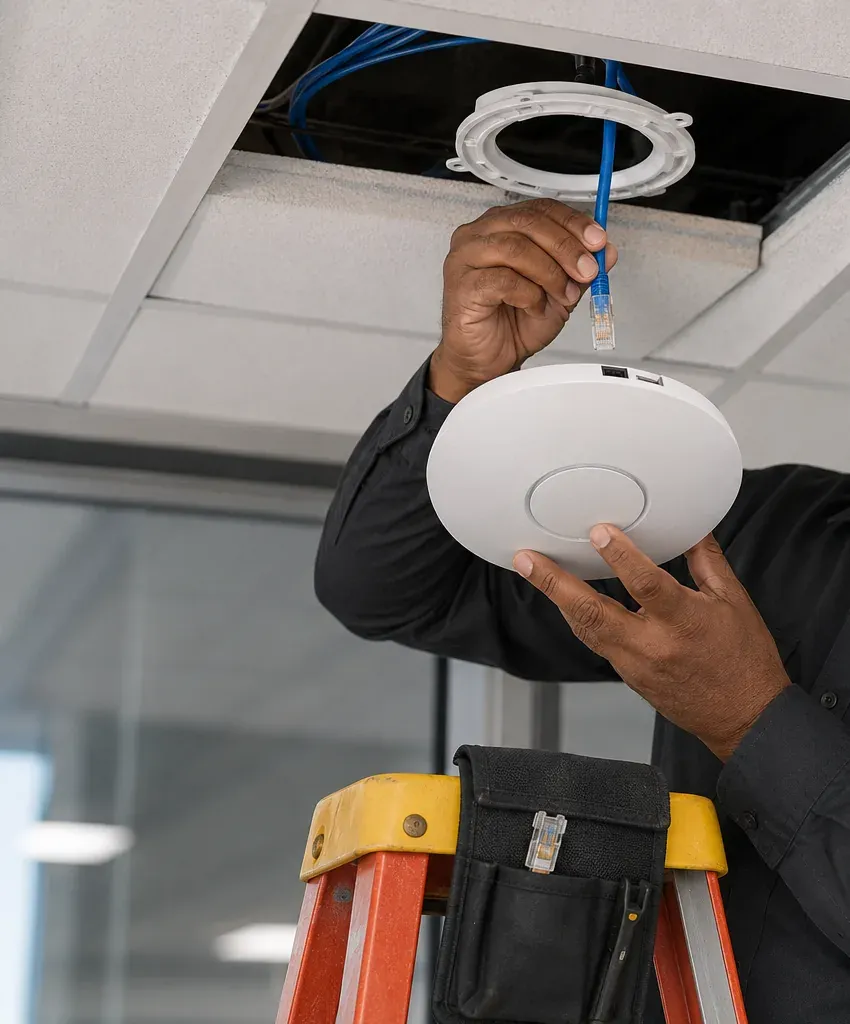 Access point cable at an open ceiling tile — Staten Island Cat6 PoE repair Hand holding a blue Cat6 cable with a plug beside a round white ceiling access point under an open tile, Staten Island PoE link repair