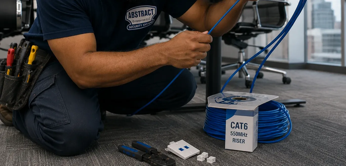 Pulling replacement runs at a table grommet — Staten Island Cat6 repair Kneeling technician pulling blue cables down from a grommet under a table beside a reel of Cat6 riser cable, Staten Island Cat6 replacement run