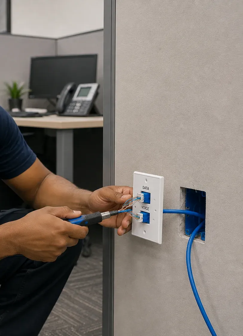 Data and voice plate re-terminated — Staten Island Cat6 repair Hands using a punch-down tool on a two-port wall plate labelled Data and Voice beside an open blue box in a partition wall, Staten Island Cat6 re-termination
