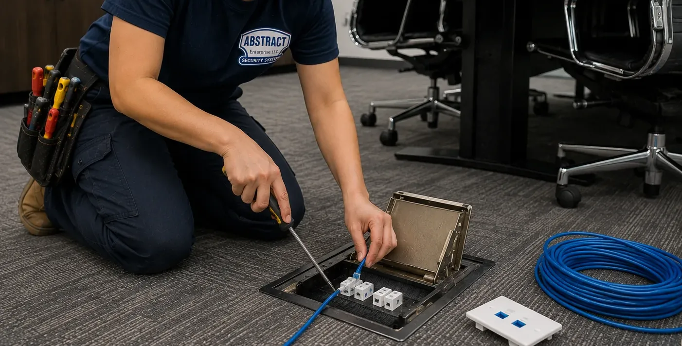Keystones serviced in an open floor box — Staten Island Cat6 repair Technician kneeling on carpet using a screwdriver on keystone jacks inside an open floor box with a coil of blue cable nearby, Staten Island Cat6 repair