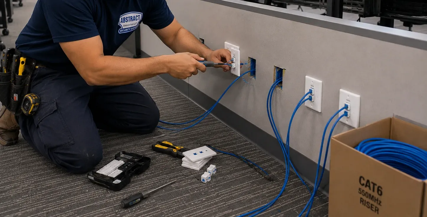 Re-terminating a row of wall outlets — Staten Island Cat6 repair Technician kneeling at a low partition wall terminating a wall plate, with blue cables leaving a row of openings and a box of Cat6 riser cable, Staten Island Cat6 repair