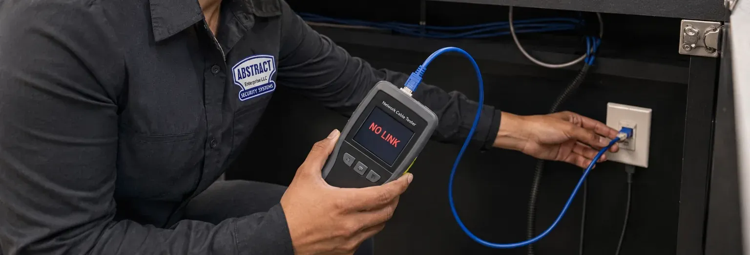 No-link test at a counter jack — Staten Island point-of-sale Cat6 repair Technician holding a network cable tester reading No Link with a blue patch cord plugged into a wall jack under a shop counter, Staten Island POS Cat6 repair
