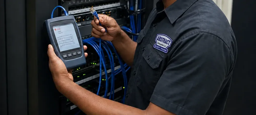 Wire-map check at a patch rack — Cat6 repair Staten Island Hands holding a handheld cable tester with a wire-map diagram on screen beside a rack of blue patch cords, Cat6 repair on Staten Island