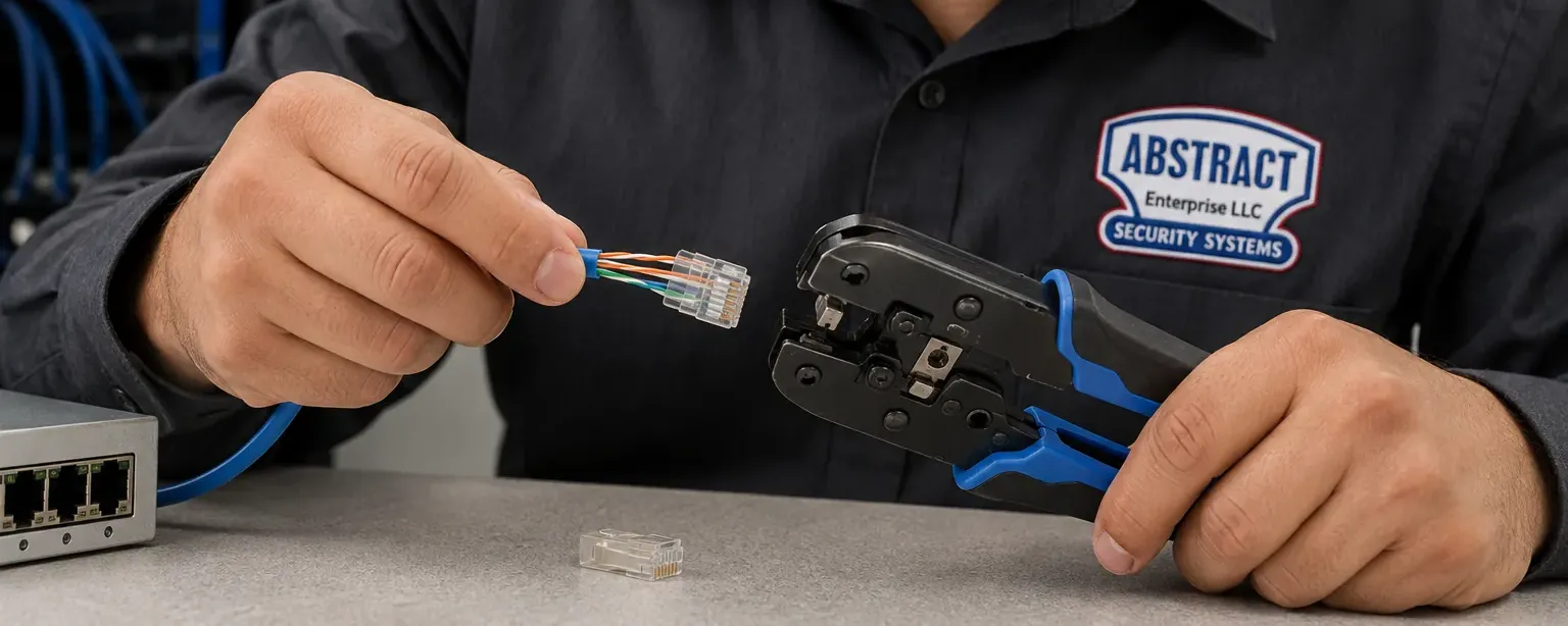 Plug termination and crimper — Staten Island Cat6 repair Hands holding a cable end with untwisted coloured pairs inserted into a clear RJ45 plug beside a crimping tool, Staten Island Cat6 termination repair