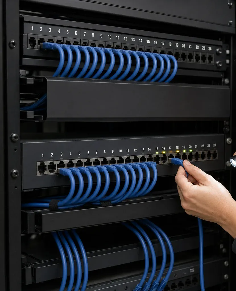 Switch port and LED check at the rack — Staten Island Cat6 repair Hand seating a blue patch cord into a numbered switch port while another hand holds a small flashlight, rack of blue cords, Staten Island Cat6 repair