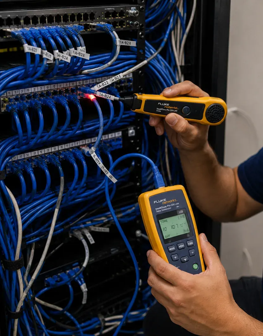 Toner and probe tracing at a patch panel — Staten Island Cat6 repair Yellow inductive probe held to a labelled patch cord at a dense rack while a handheld tone tester is held below, Staten Island Cat6 tracing
