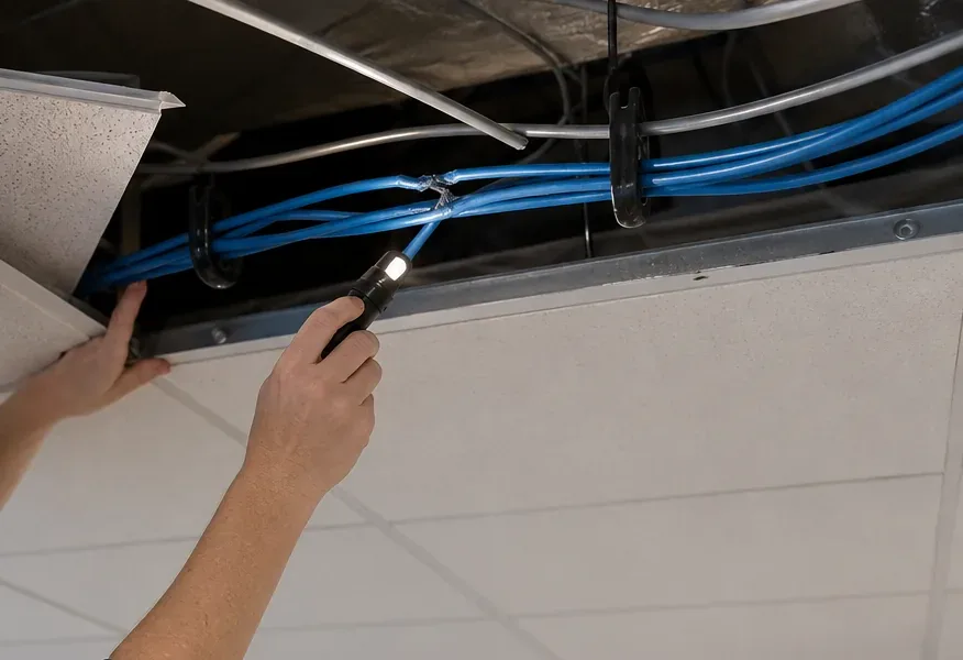 Flashlight inspection above a ceiling tile — Suffolk County Hands lifting a ceiling tile and shining a small flashlight along bundles of blue Cat6 cable in J-hooks above an office ceiling, Suffolk County Cat6 inspection