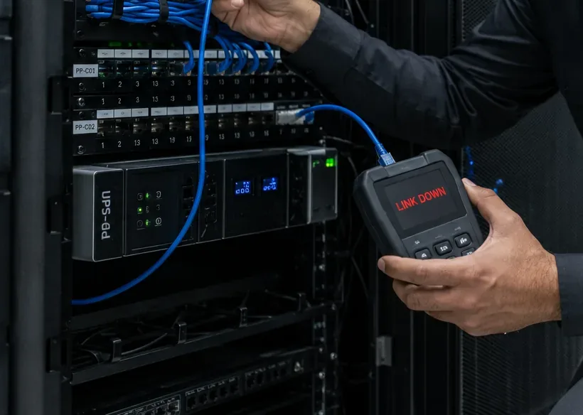 Link Down reading at a network rack — Suffolk County Hand holding a handheld tester reading Link Down with a blue cable running from the tester up to a switch in a network rack, Suffolk County Cat6 link test