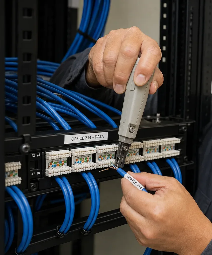 Labelled run re-terminated at a patch panel — Suffolk County Hands using a grey punch-down tool on a patch panel port below a label reading Office 214 Data while holding a labelled blue Cat6 cable, Suffolk County re-termination