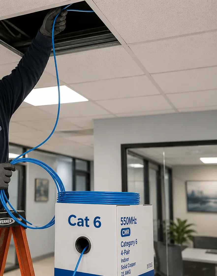 Replacement Cat6 run fed from the carton — Suffolk County Blue Cat6 cable feeding from a carton marked Cat 6 CMR solid copper up through an open ceiling tile in an office, replacement run for a Suffolk County Cat6 repair