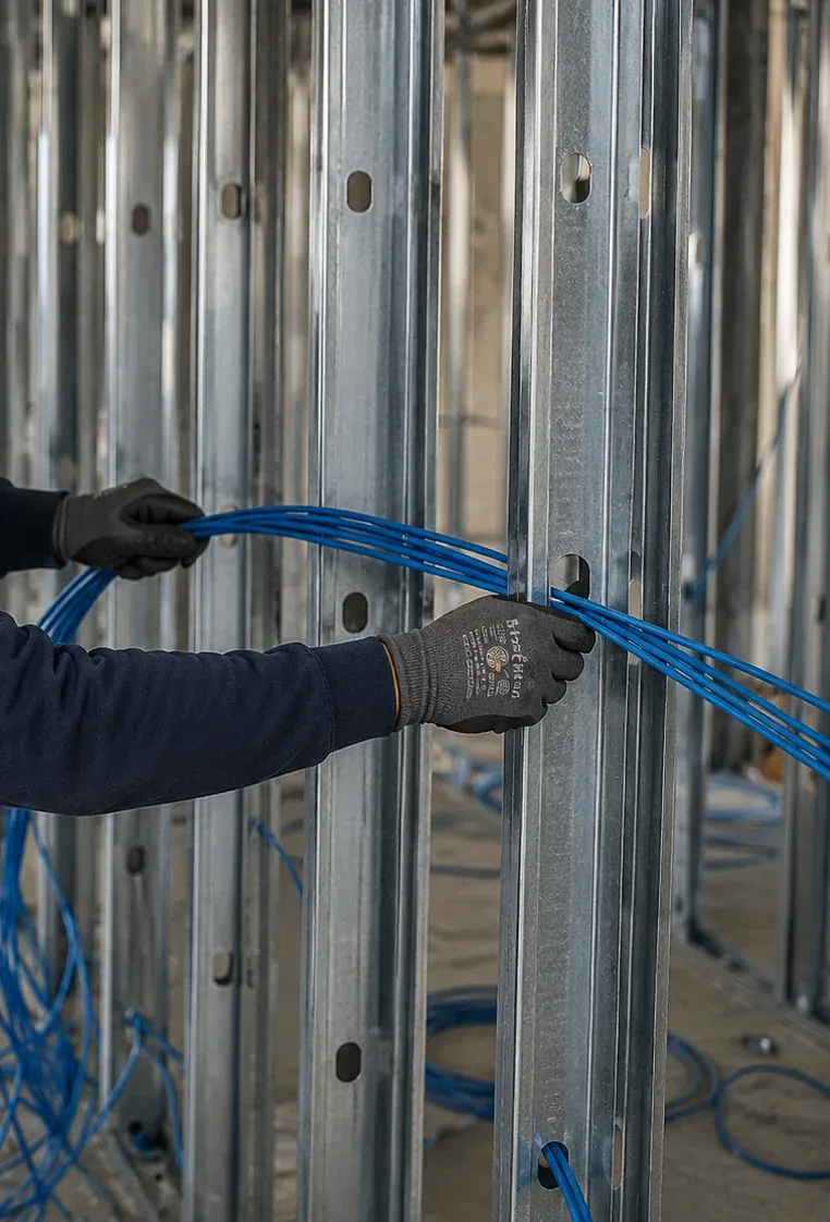 Cat6 rerouted through steel studs — Suffolk County repair Gloved hands guiding a bundle of blue Cat6 cables through holes in galvanized steel studs in an open wall, Suffolk County Cat6 reroute