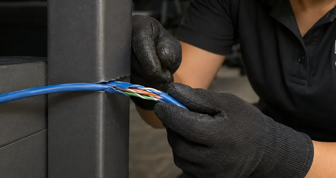 Split Cat6 jacket beside a steel frame — Suffolk County Gloved hands holding a blue Cat6 cable with its jacket split open and coloured pairs exposed where it passes a steel desk frame, Suffolk County Cat6 repair