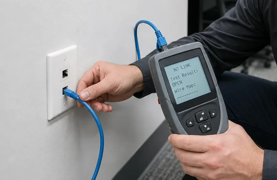 No-link test at a dead wall jack — Suffolk County Cat6 repair Hand plugging a blue patch cord into a two-port wall jack while a handheld tester reads No Link and an open wire map, testing a dead Cat6 jack in Suffolk County