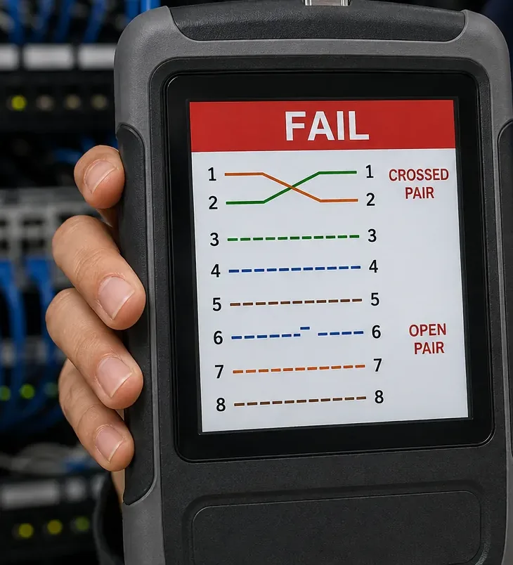 Wire map fail on a handheld tester — Suffolk County Cat6 repair Handheld cable tester showing a FAIL wire map with a crossed pair on 1 and 2 and an open pair on 6, Cat6 repair diagnosis in Suffolk County