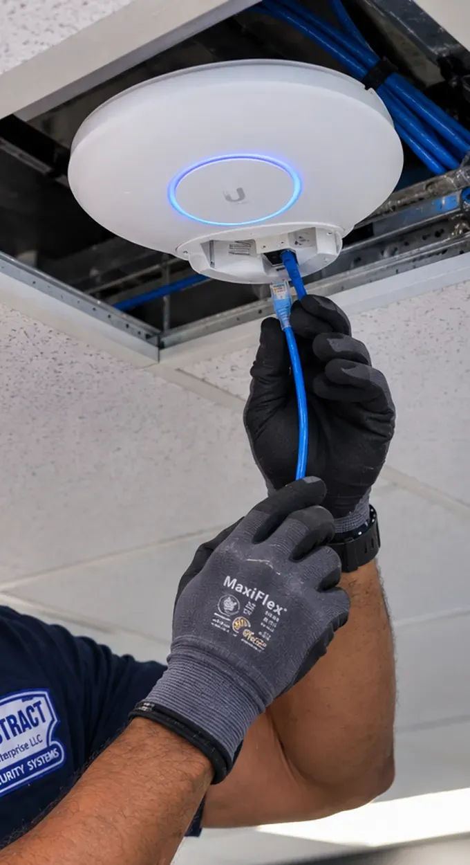 Access point and its Cat6 feed at an open ceiling tile — Upper West Side Manhattan Round white ceiling access point with a blue light ring lowered from an open tile while two gloved hands hold the blue patch cable plugged into its base — access point Cat6 repair, Upper West Side Manhattan